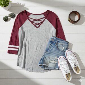 Maurices Gray and Red Raglan 3/4 Sleeve Cut Out Tee